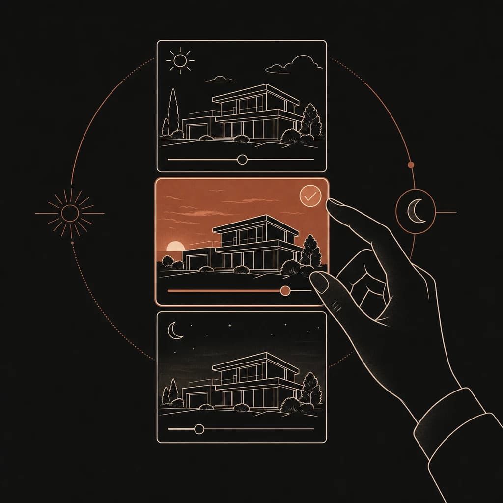 Illustration of a hand choosing between daytime, golden-hour twilight and night versions of a home exterior