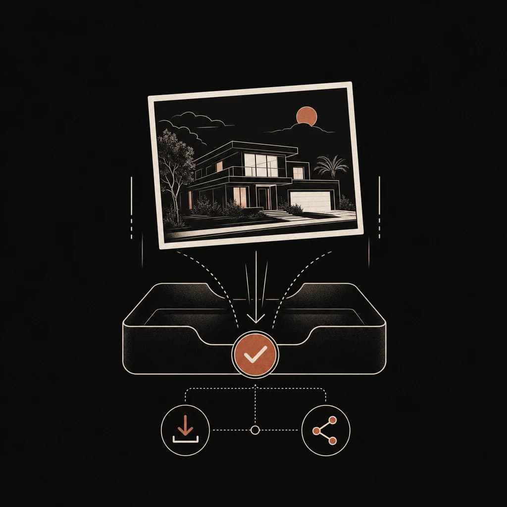 Illustration of an edited twilight photo of a modern home landing in a tray with download and share options