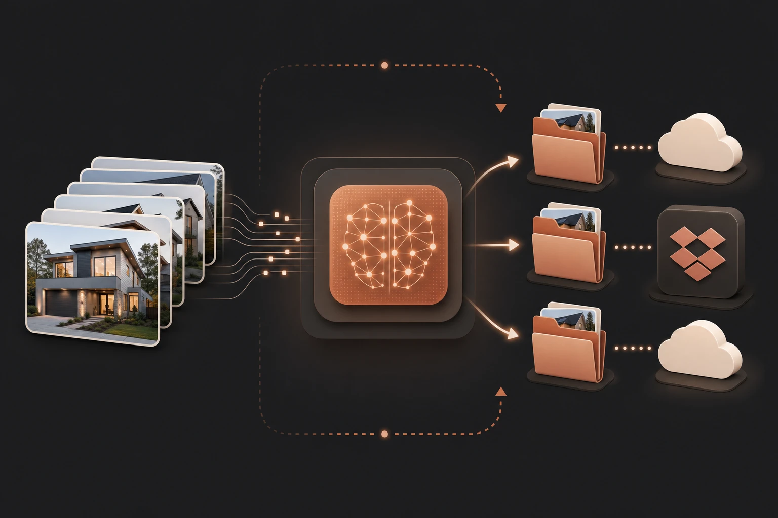 Diagram of a stack of house photos flowing through an AI engine into Dropbox and cloud watch folders