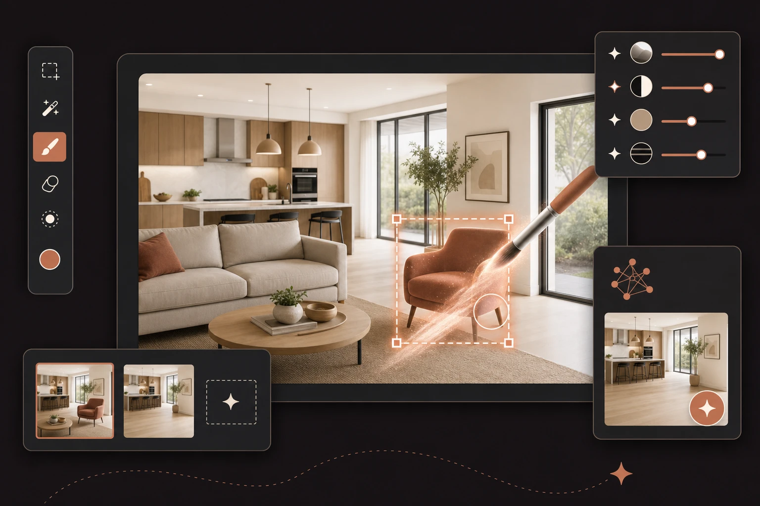 JRAHDR editor showing a modern living room with an armchair selected for object removal, plus brush tools and version thumbnails