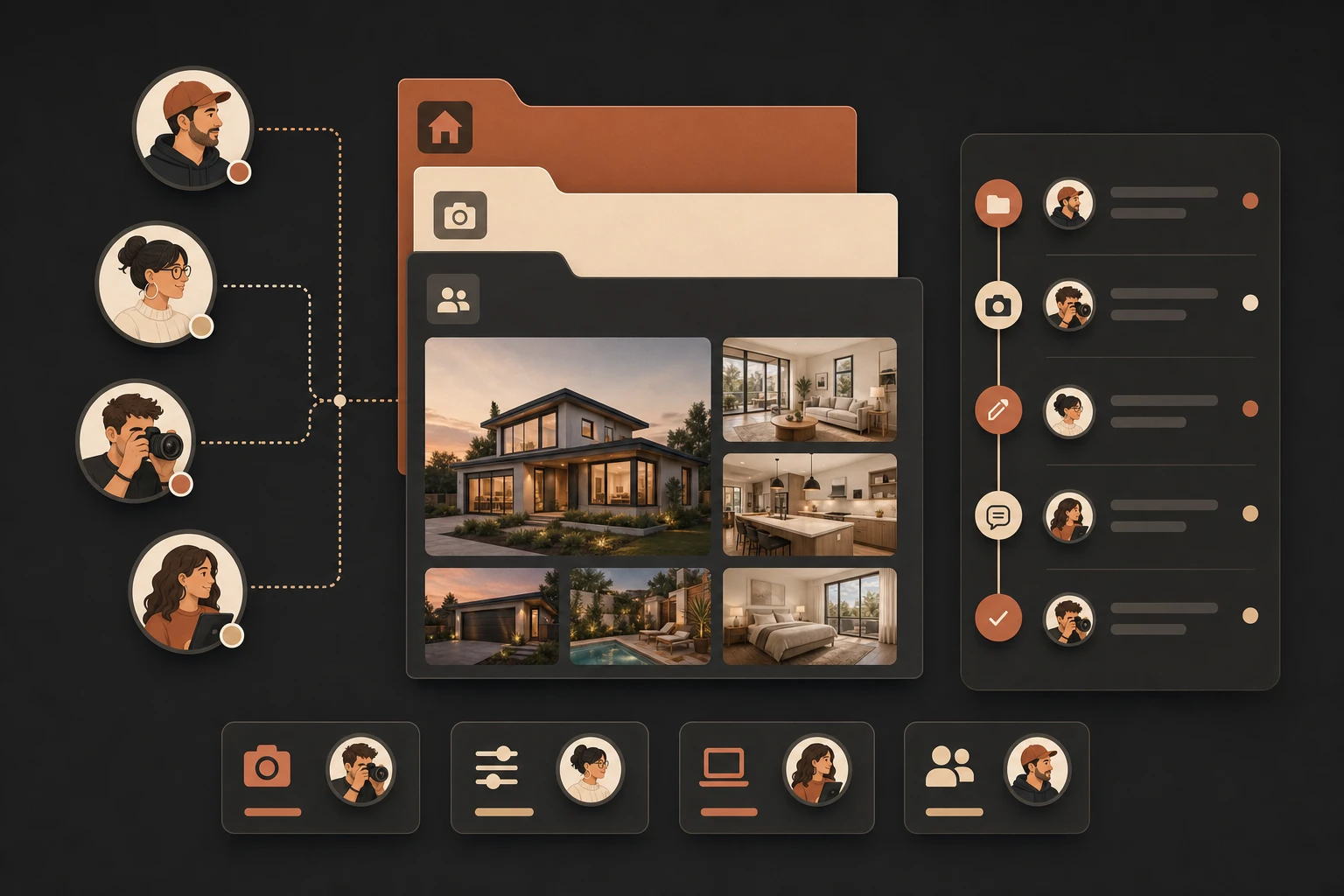 Team workspace with photographer avatars linked to a shared project of home exterior and interior listing photos and an activity feed