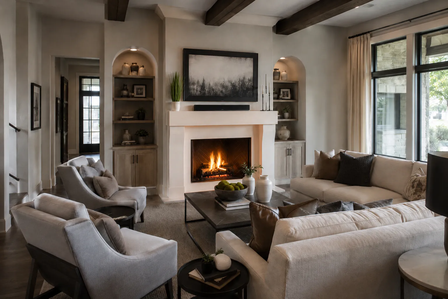 Same living room with a warm fire burning in the fireplace