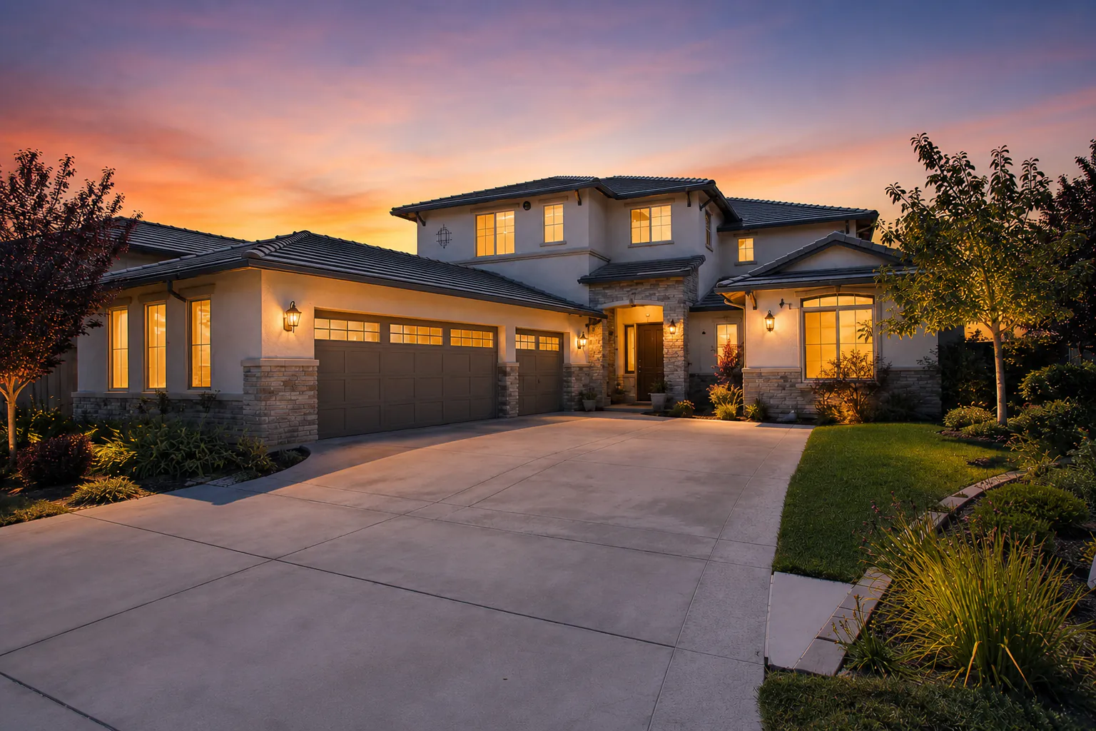Same home converted to a twilight scene with a sunset sky and glowing windows